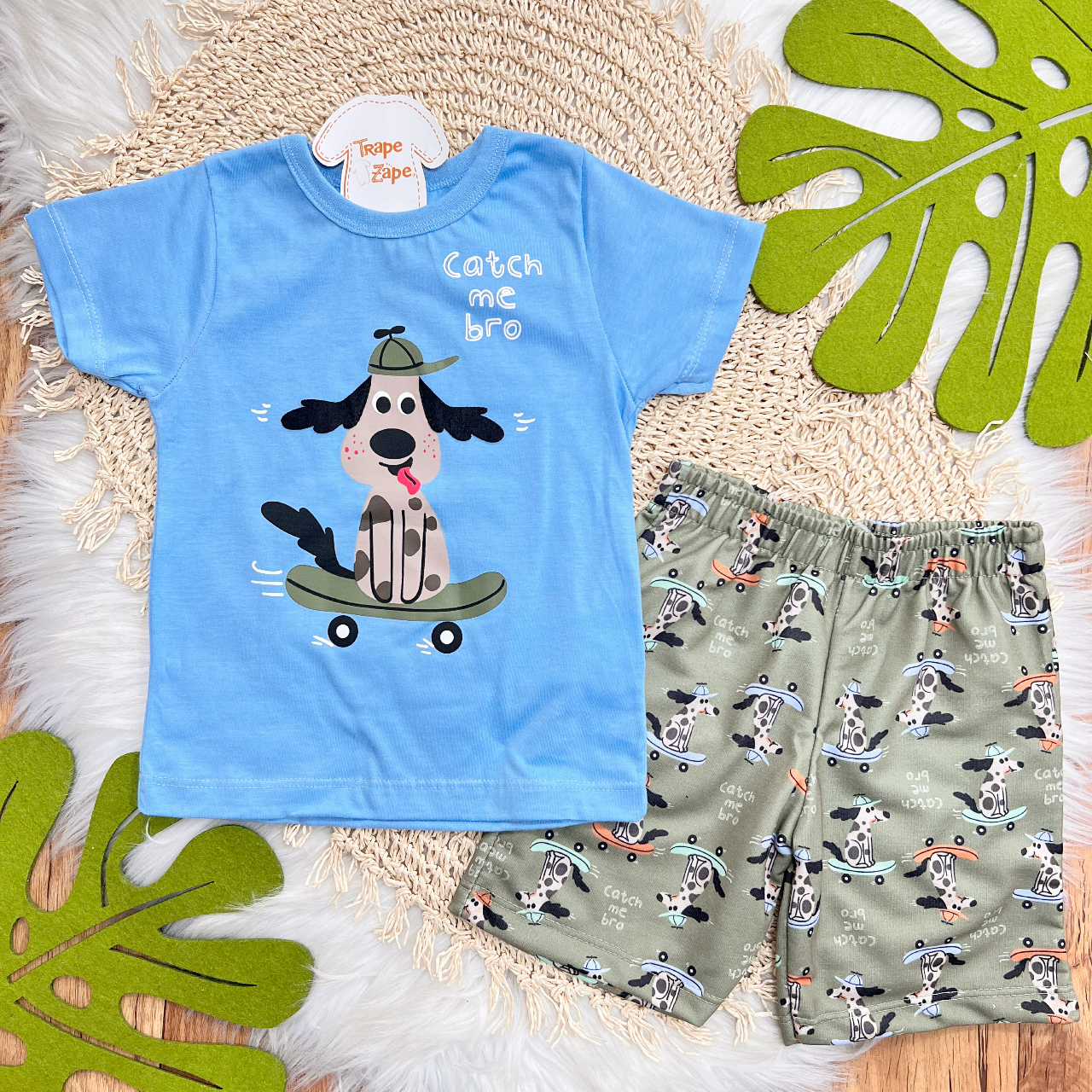 Conj. Camiseta Catch me bro e Bermuda - Azul e Verde